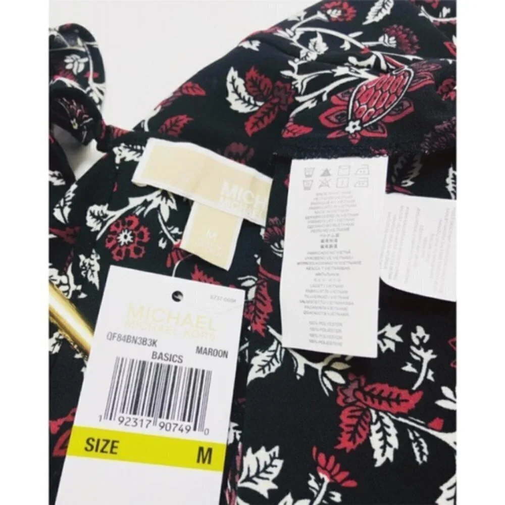 Michael Kors Womens Black Floral Long Bell Sleeve Peasant Blouse Sz M New